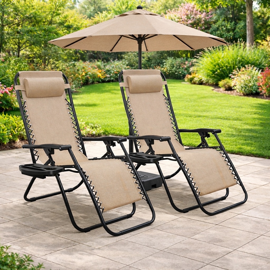 64C117702-2 Barca Folding Zero Gravity Chairs Steel Sling Outdoor Lounge Chairs with Breathable Cream Mesh Fabric (2-Pack)