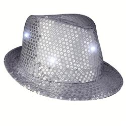 LED Flashing Fedora Hat with Sequins, Silver