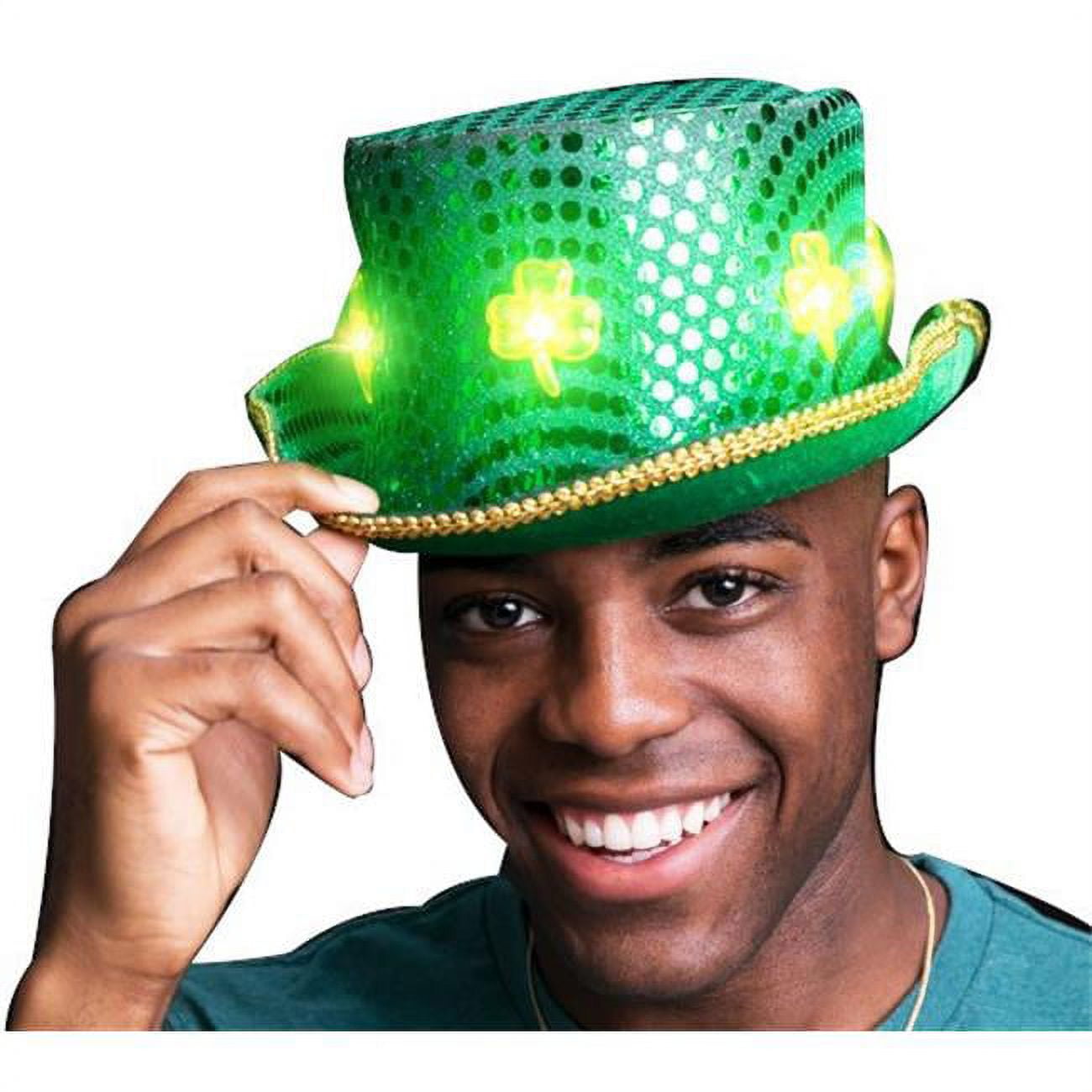 LGCUSPITH LED Clover Ultimate Sequin Plush Irish Top Hat with Shamrocks for St. Patricks Day, Green