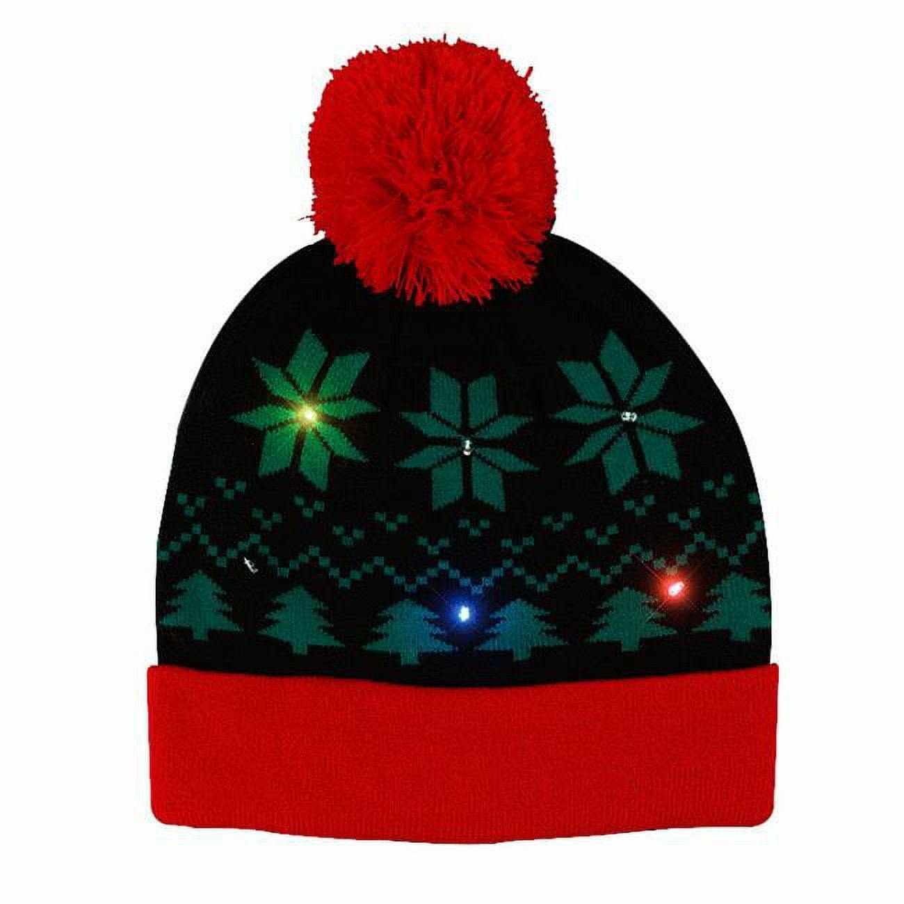 Light Up Pompom Beanie Hat - Black & Red