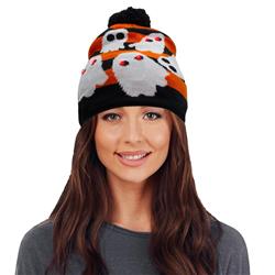Light Up Ghost Knit Pom Pom Beanie Hat - Orange, White & Black