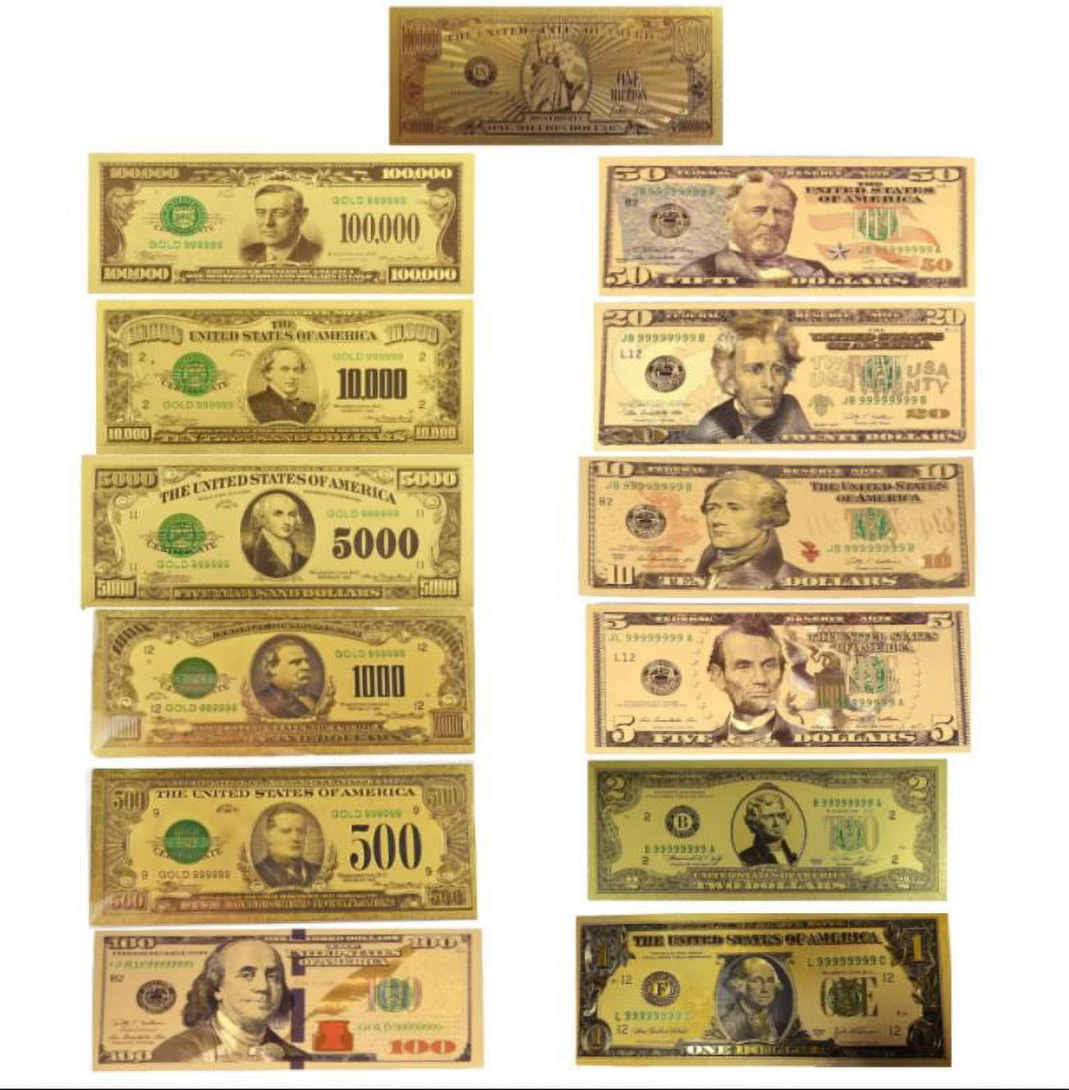Mega Max 24K Gold Plated US Dollar Fake Banknotes - Timeless Collection Protector - Set of 13