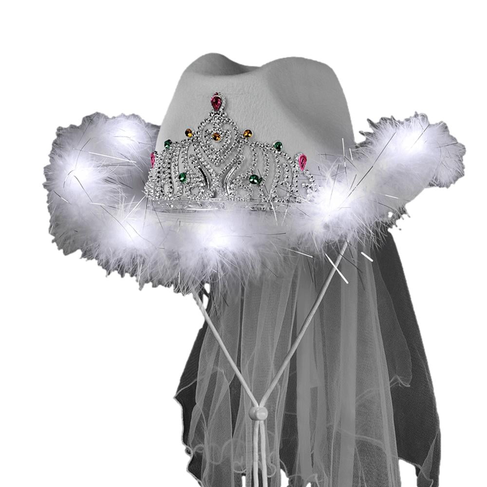 Picture of Blinkee LUWTBCHWBB Light Up White Tiara Bridal Cowboy Cowgirl Hat with Veil for Bachelorette & Bridal Party