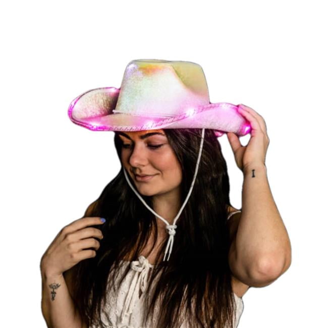 Picture of Blinkee LUGLSMCH-WTPK Light Up Glorious Luminous White Sheen Metallic Space Cowgirl Hat with Pink LEDs