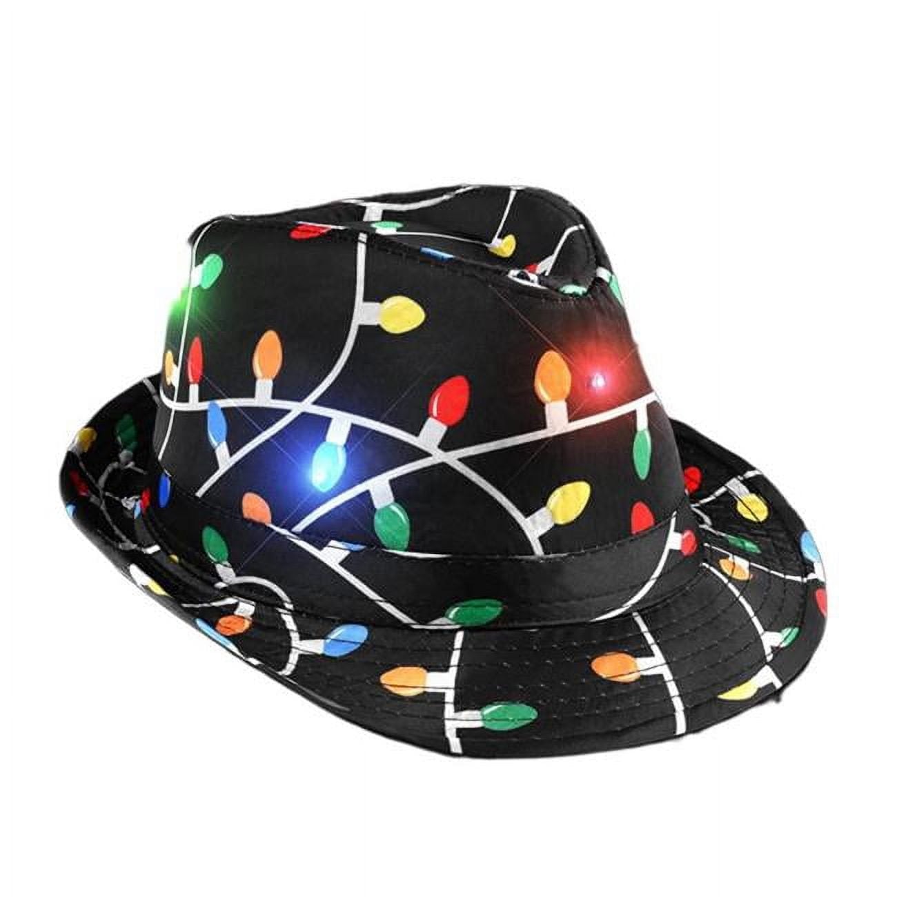 Black Fedora in Christmas Bulb Prints Hat with Multicolor LEDs
