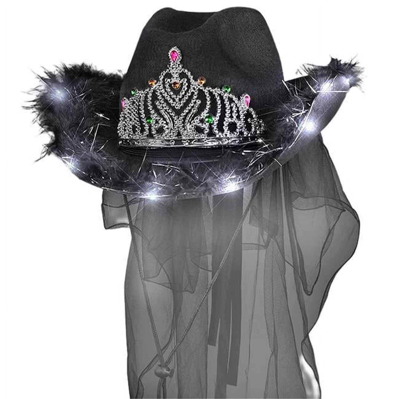 Picture of Blinkee LUBBCHTBVBH Light Up Black Bridal Cowboy Cowgirl Hat with Tiara & Black Veil for Bachelorette & Halloween Party