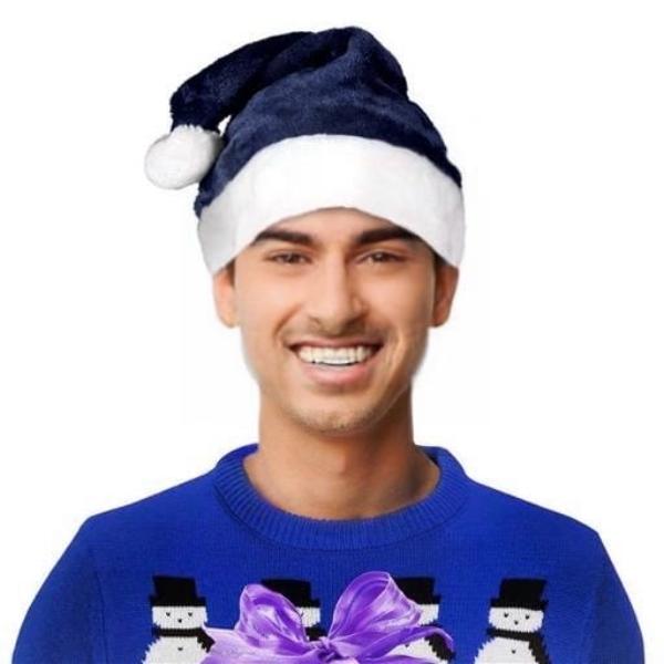 SNTAHAT-DKBL Unlit Dark Blue Stylish Fluffy Fur Santa Christmas Plush Hat - 36 per Pack