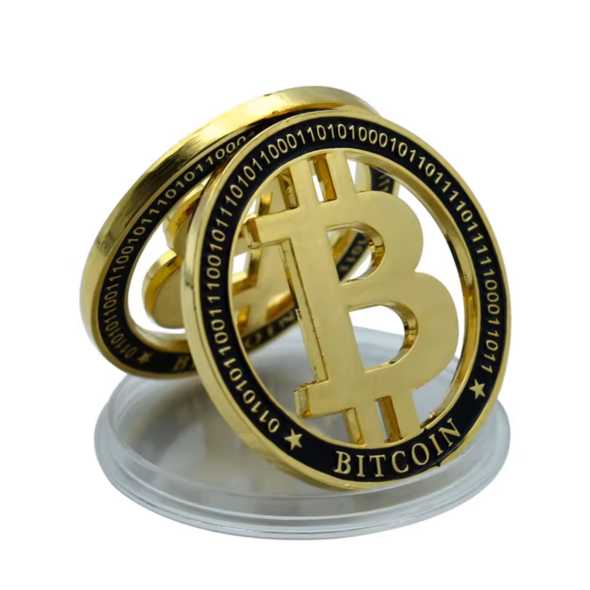 GPBCCOOFB 1.57 x 0.12 in. Gold Plated Bitcoin Commemorative Coin Cut Out Fiat Keep the B Crypto Collectors Edition with Binary Code