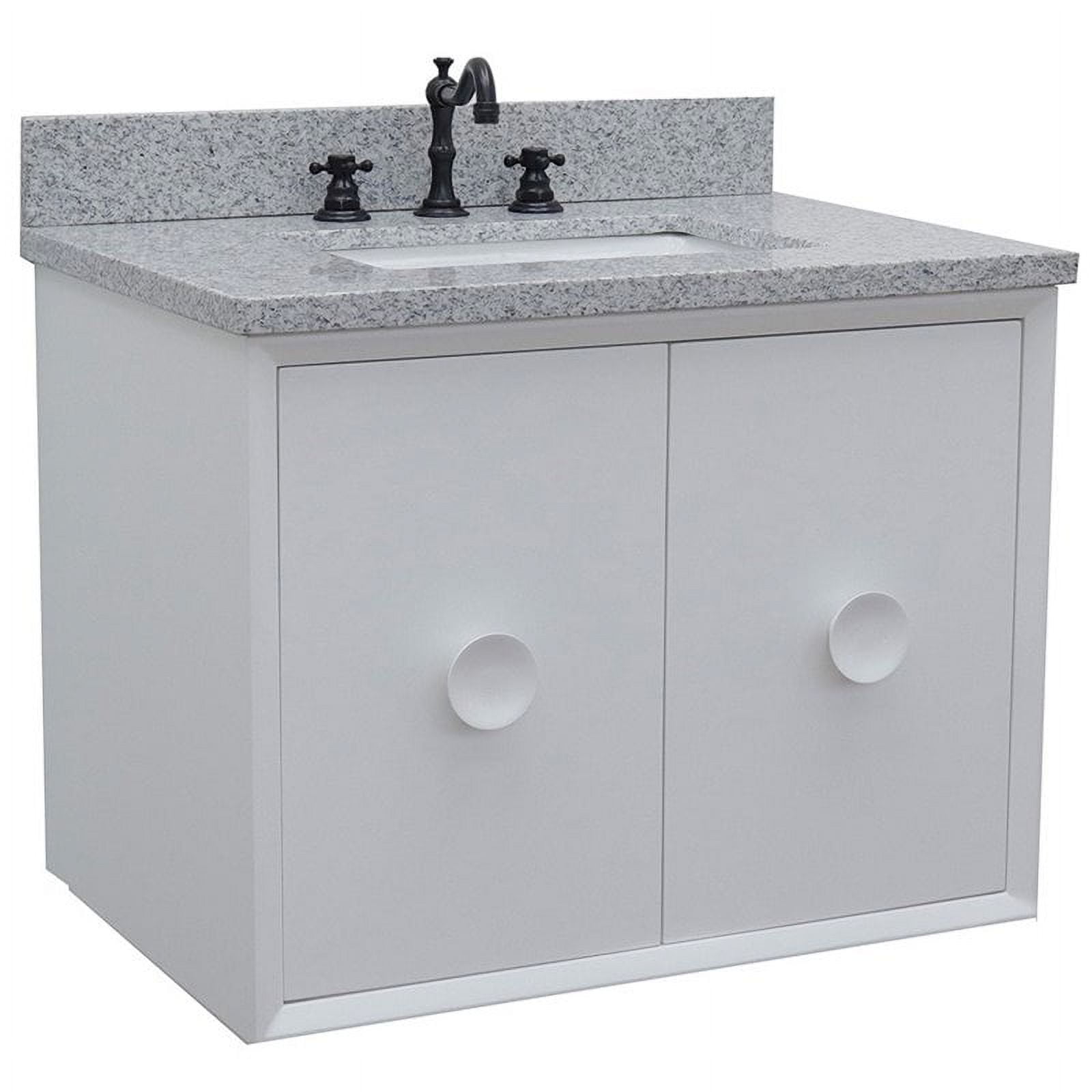 Single Wall Mount Vanity - White Top with Gray Granite & Rectangle Sink