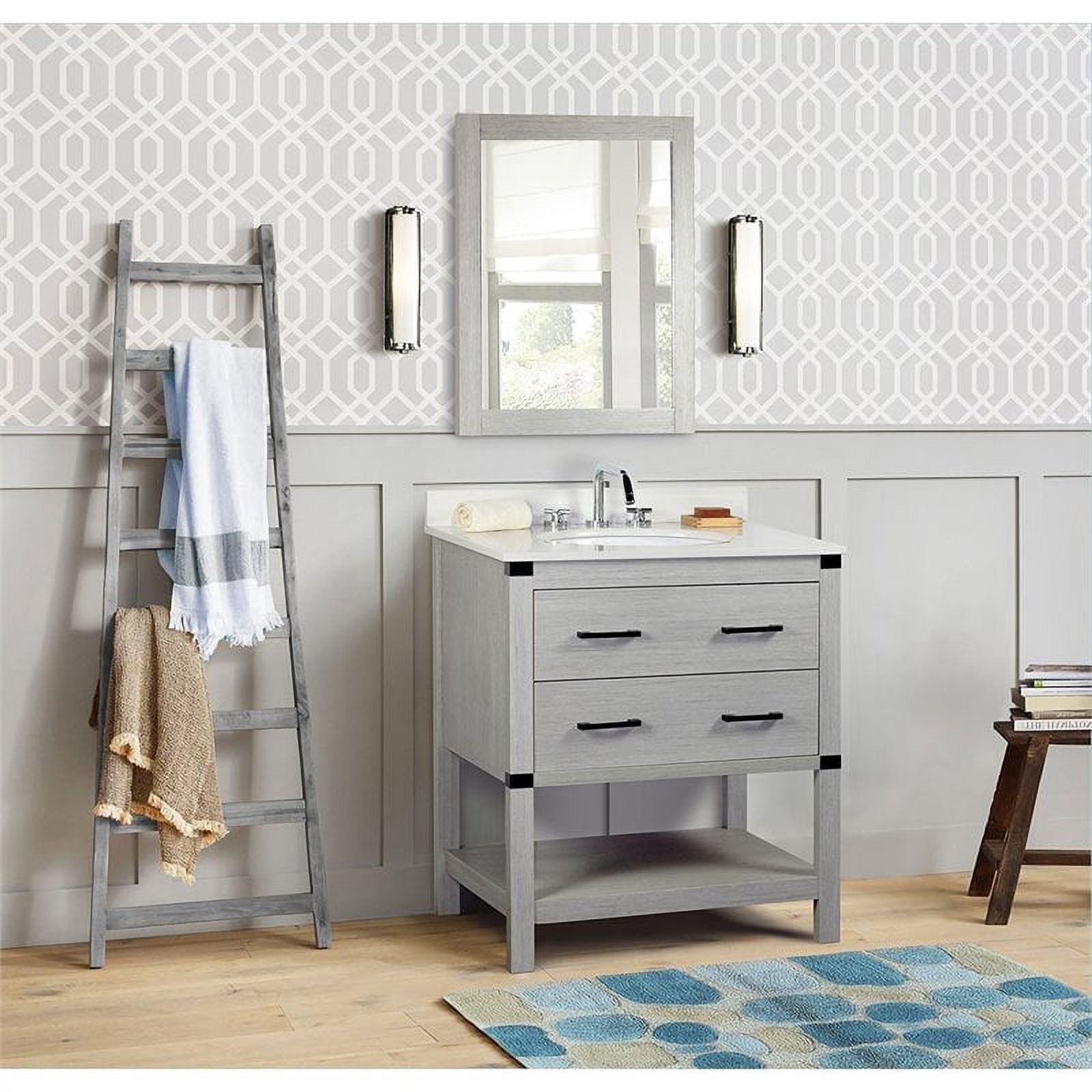 31 in. Oval Sink Single Vanity, Grey Pine Finish Top with White Quartz