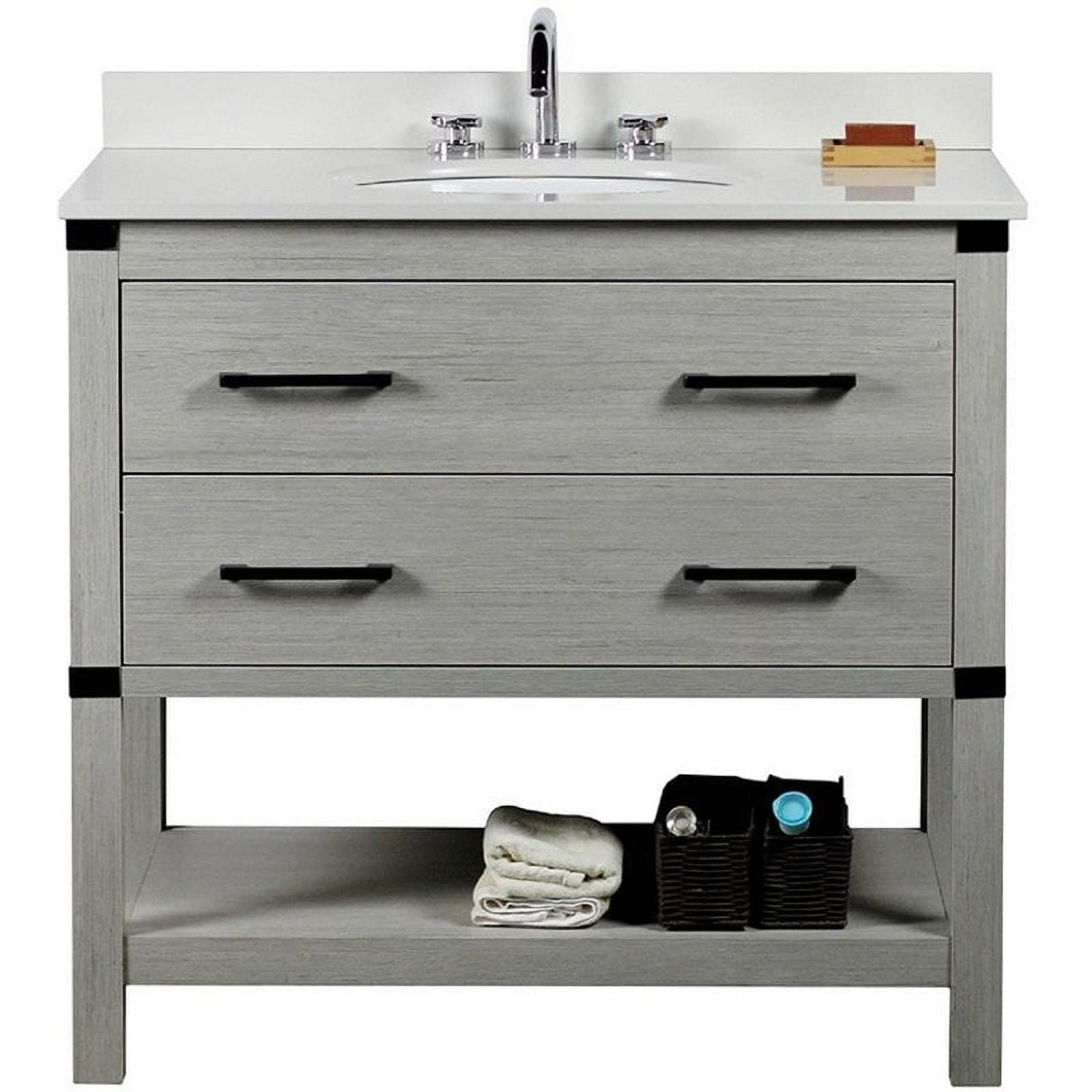 37 in. Oval Sink Single Vanity, Grey Pine Finish Top with White Quartz