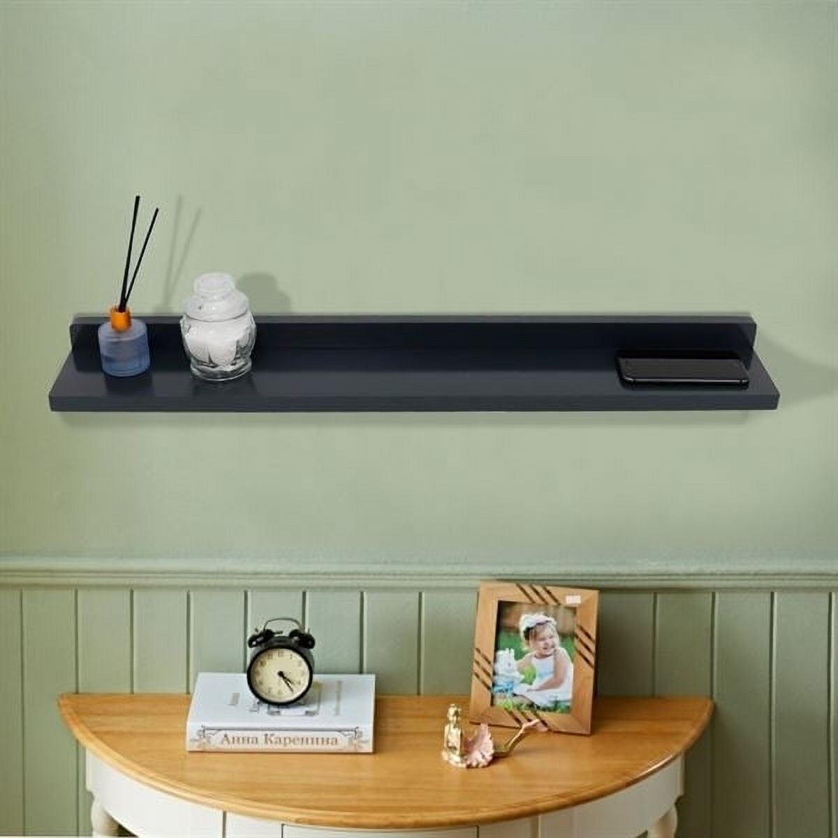 30 in. 15W Solid Rubber Wood Wireless Charging Shelf with 78 in. 3A Cable, Dark Gray