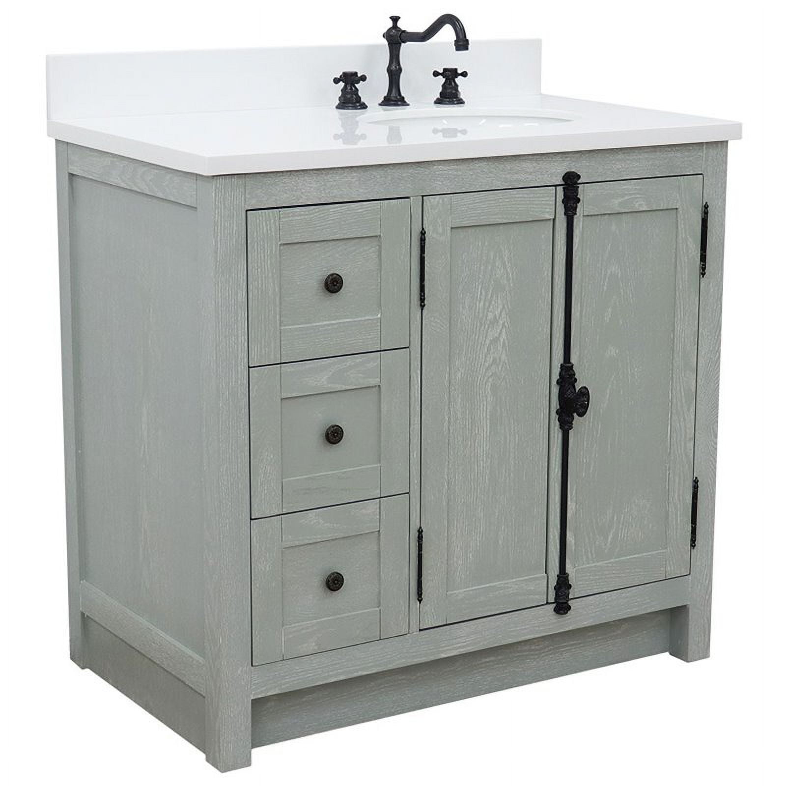 Bellaterra Home 400100-37R-GYA-WEO 37 in. Single Oval Sink Vanity with Quartz Top, Gray Ash & White - Right Doors & Sink -  Bellaterra Home LLc