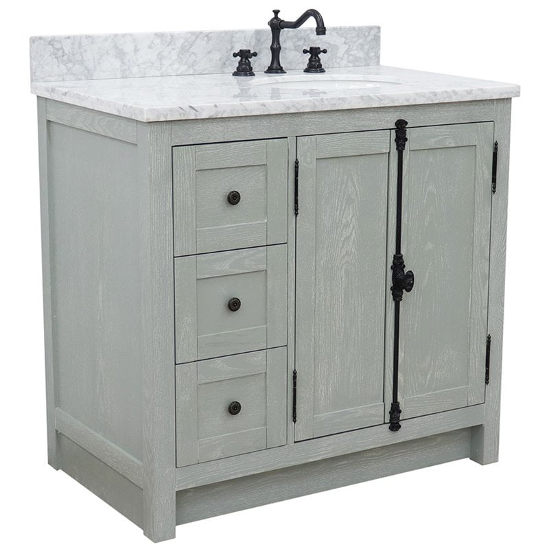 Bellaterra Home 400100-37R-GYA-WMO 37 in. Single Vanity with Carrara Top Oval Sink with Right Doors, Right Sink, Gray Ash & White -  Bellaterra Home LLc