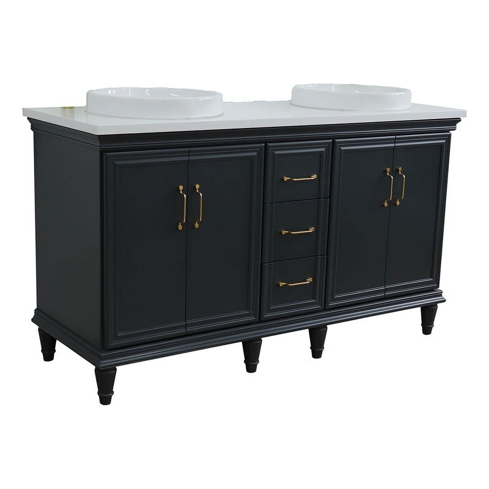 61 in. Double Round Sink Vanity with Quartz Top, Dark Gray & White