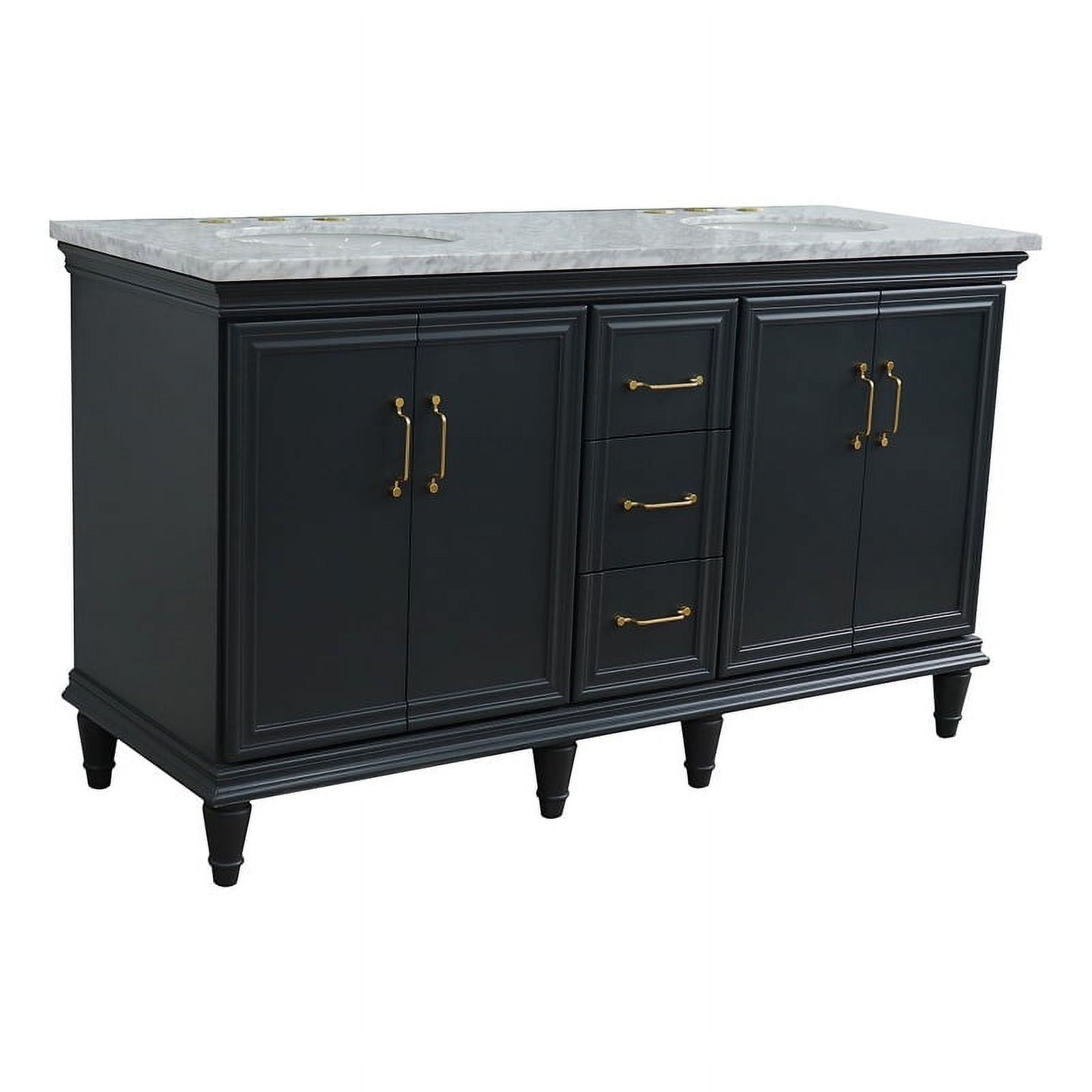 61 in. Double Oval Sink Vanity with Carrara Marble Top, Dark Gray & White