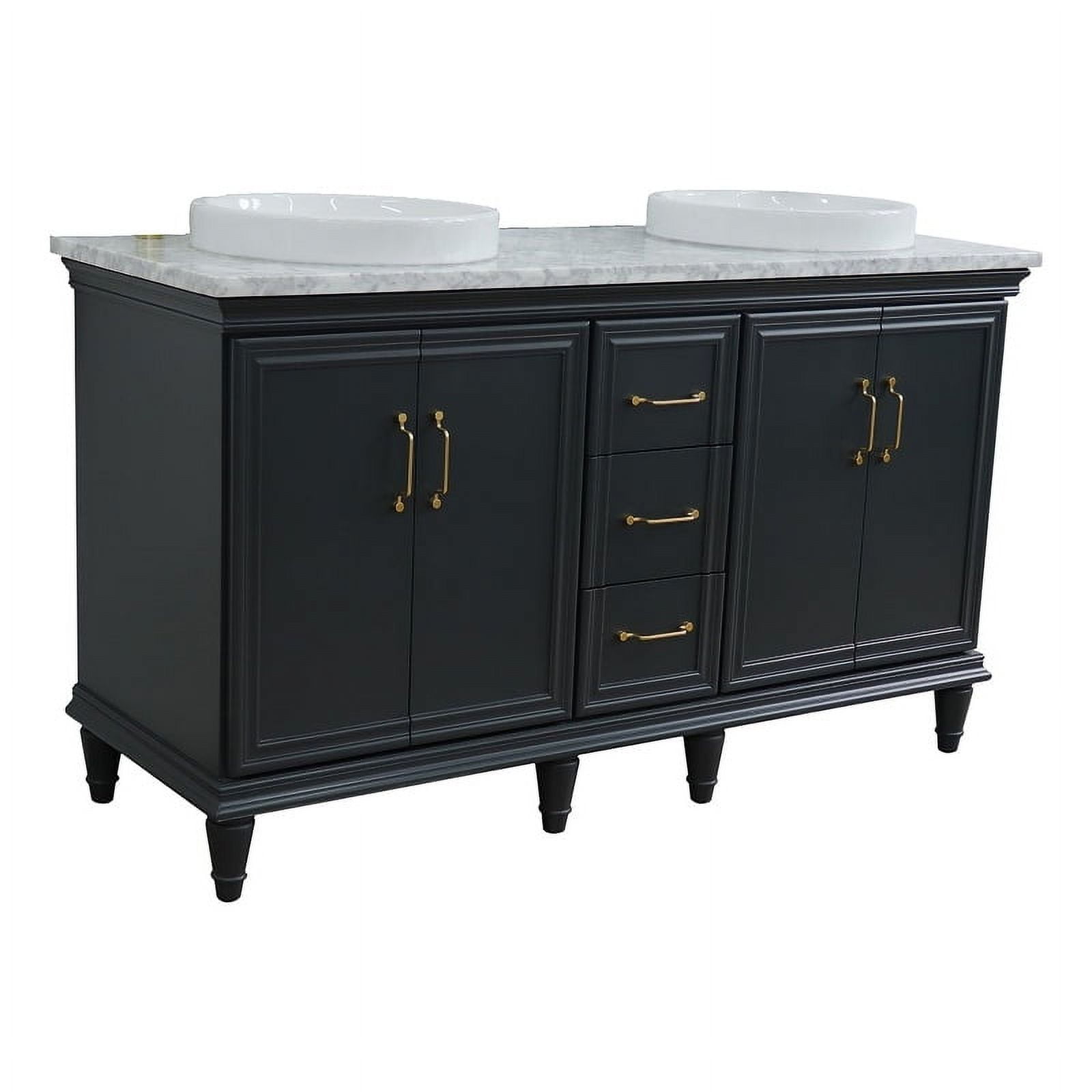 61 in. Double Round Sink Vanity with Carrara Marble Top, Dark Gray & White