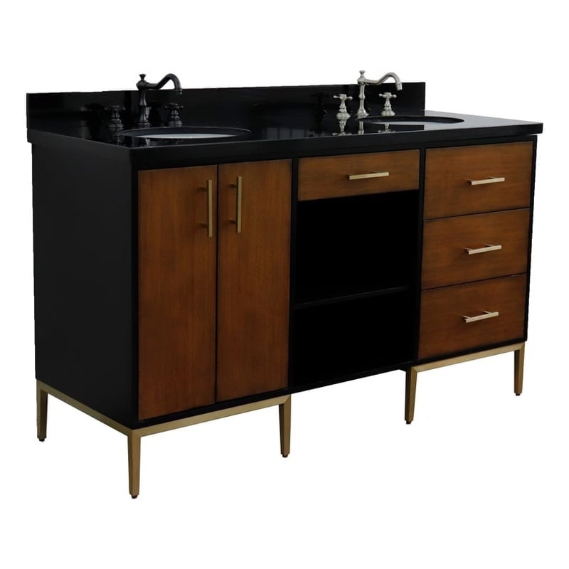 61 in. Double Oval Sink Vanity with Galaxy Granite Top, Walnut & Black