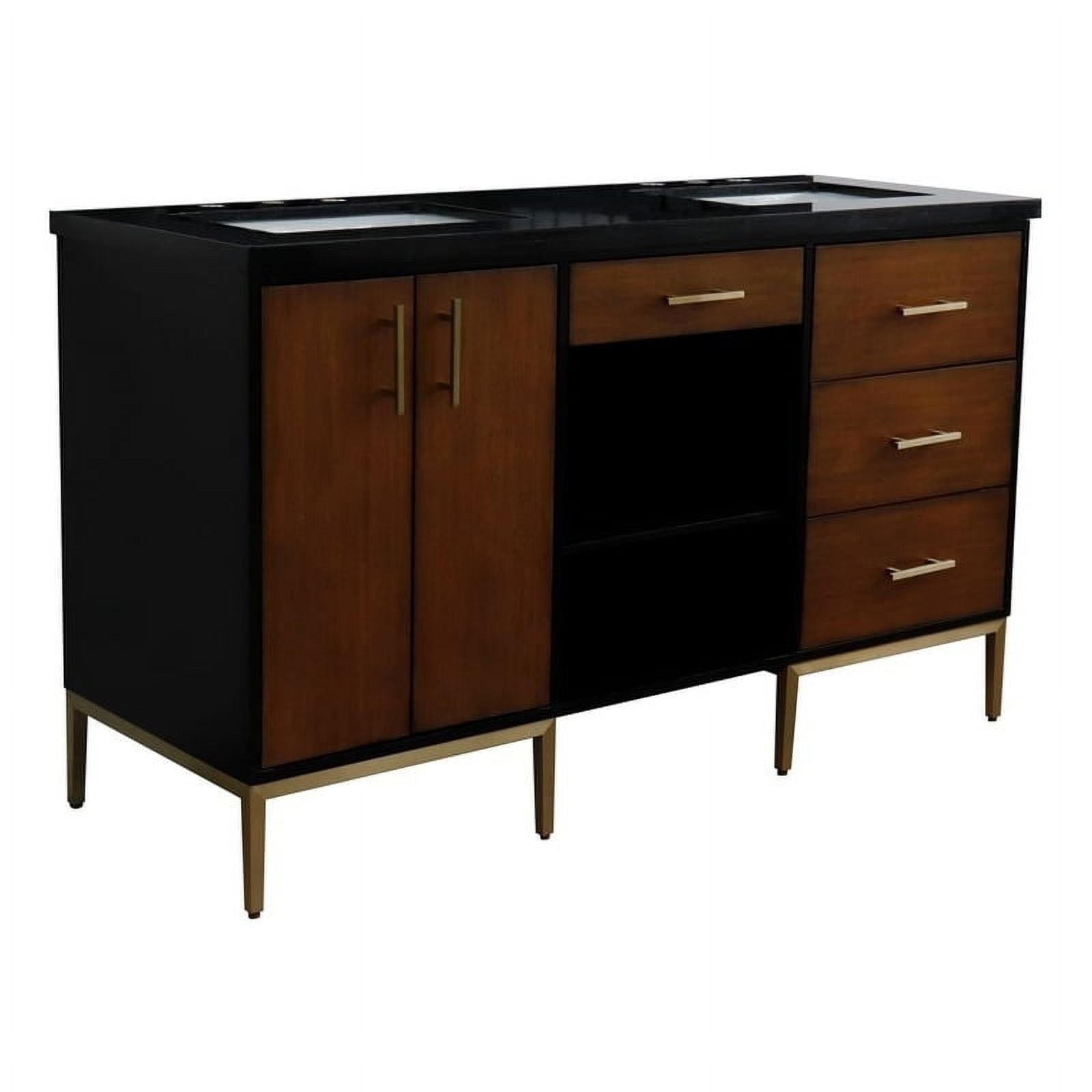 61 in. Galaxy Granite, Rectangle Sink Double Vanity, Walnut & Black