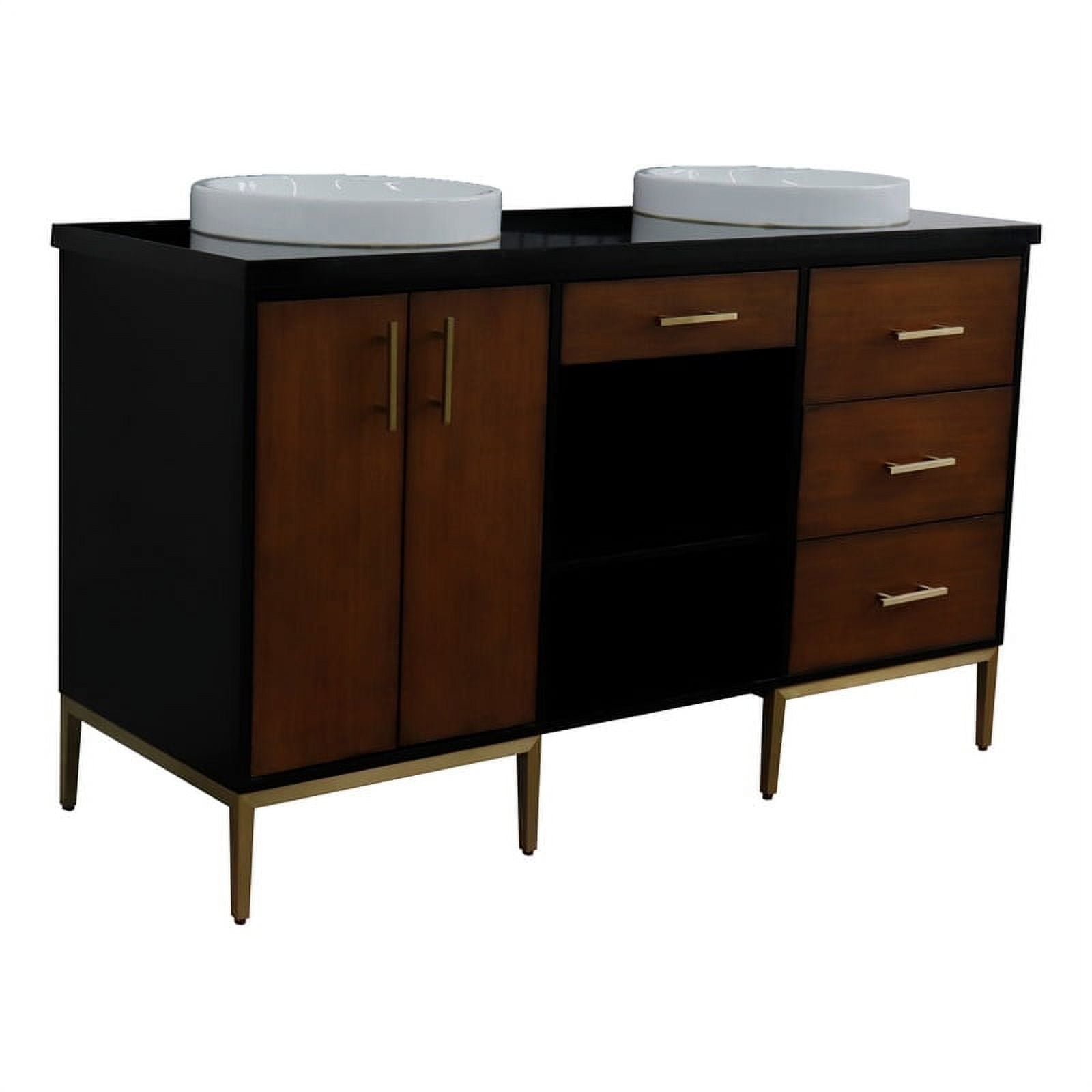 61 in. Double Round Sink Vanity with Galaxy Granite Top, Walnut & Black