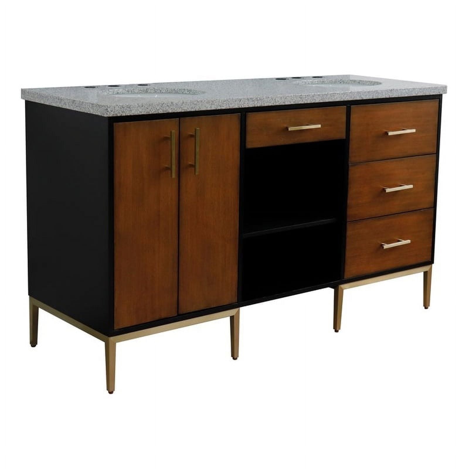 61 in. Double Oval Sink Vanity with Granite Top, Walnut & Black & Gray