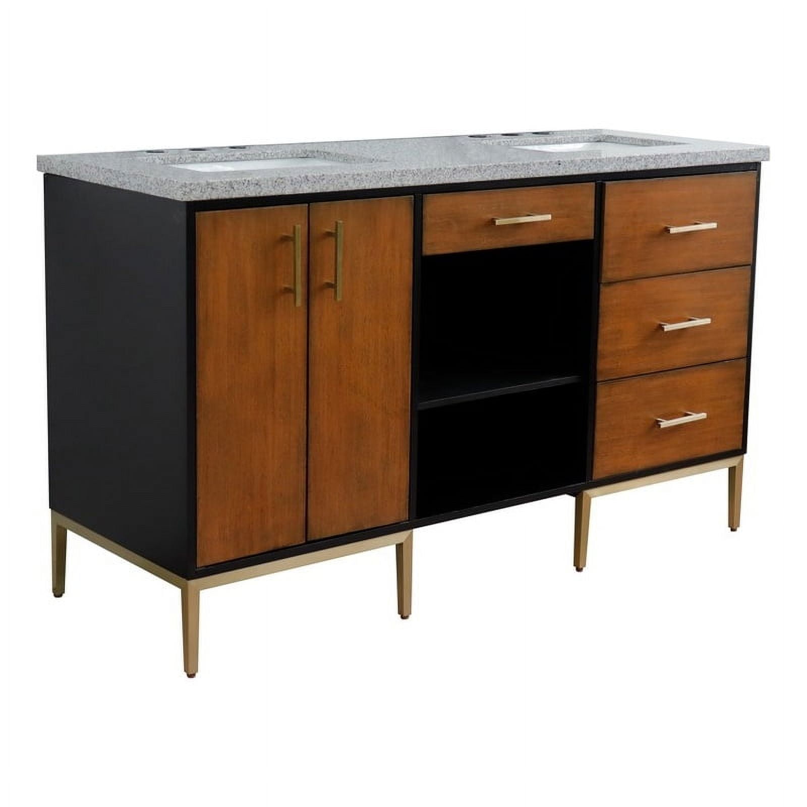 61 in. Double Rectangle Sink Vanity with Granite Top, Walnut & Black & Gray