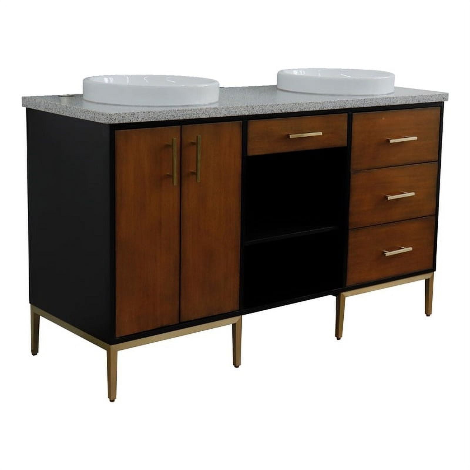 61 in. Double Round Sink Vanity with Granite Top, Walnut & Black & Gray