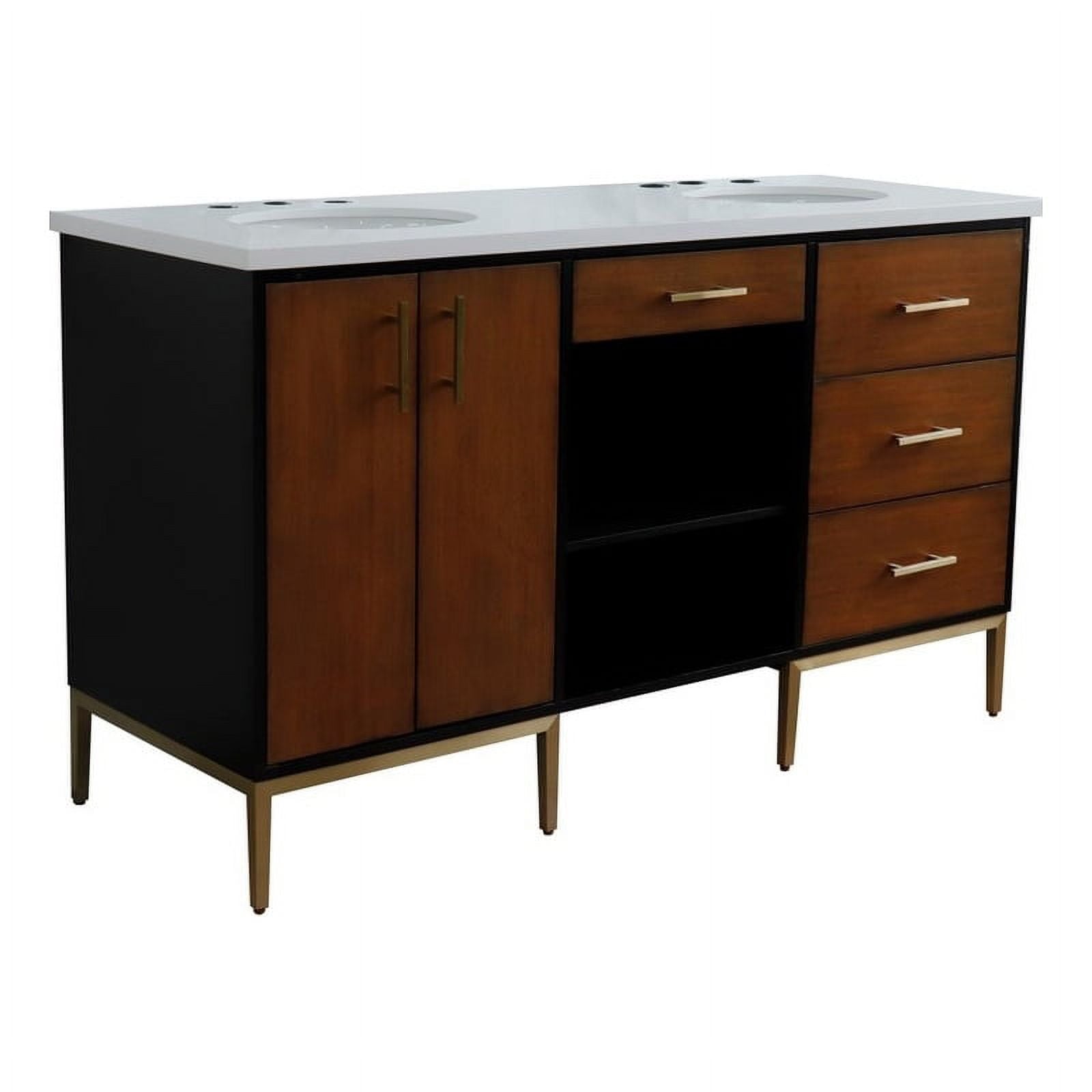 61 in. Double Oval Sink Vanity with Quartz Top, Walnut, Black & White