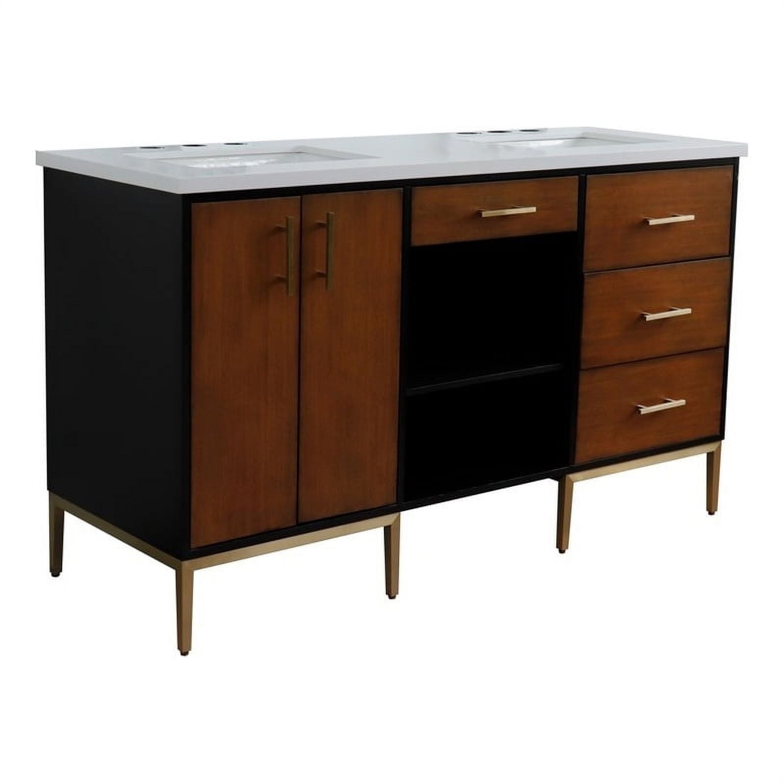 61 in. Double Rectangle Sink Vanity with Quartz Top, Walnut, Black & White