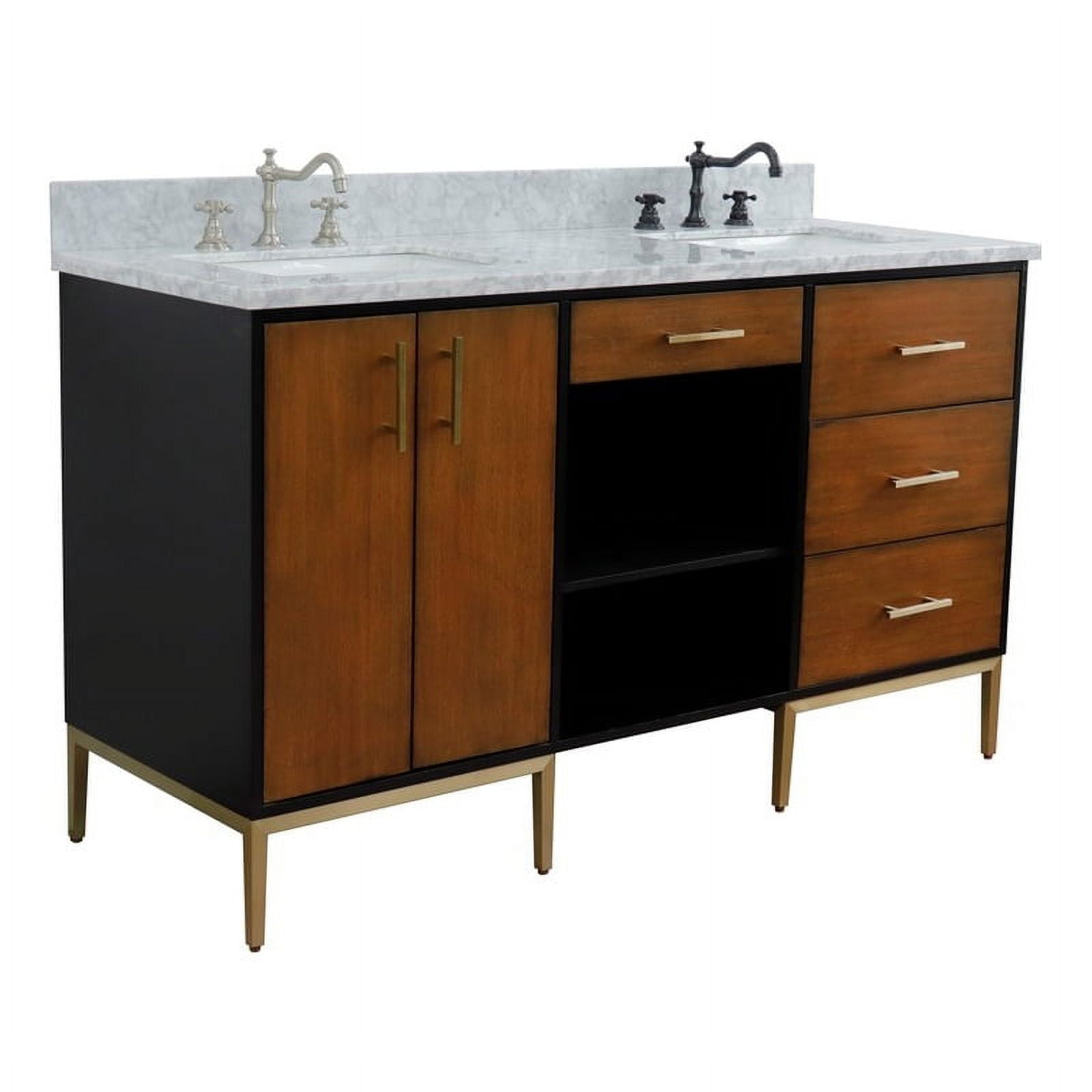 61 in. Double Rectangle Sink Vanity with Carrara Marble Top, Walnut, Black & White