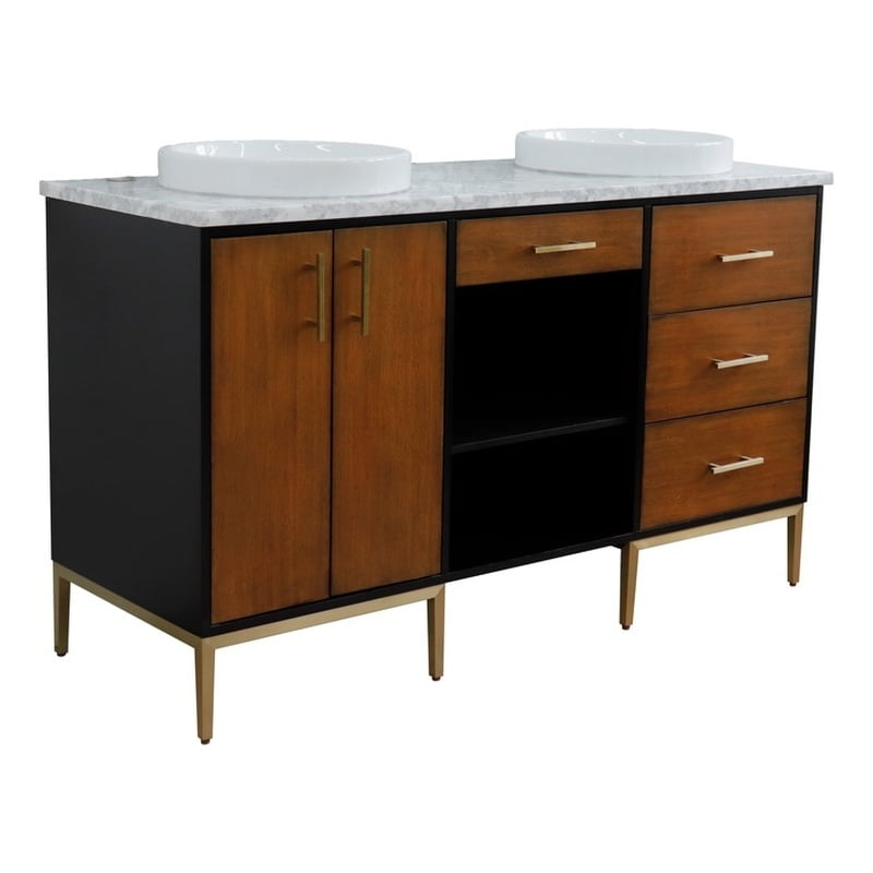 61 in. Double Round Sink Vanity with Carrara Marble Top, Walnut, Black & White