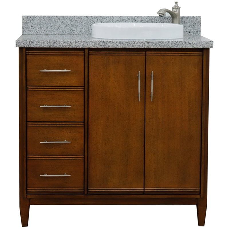 37 in. Single Round Sink Vanity with Granite Top, Walnut & Gray - Right Door & Sink