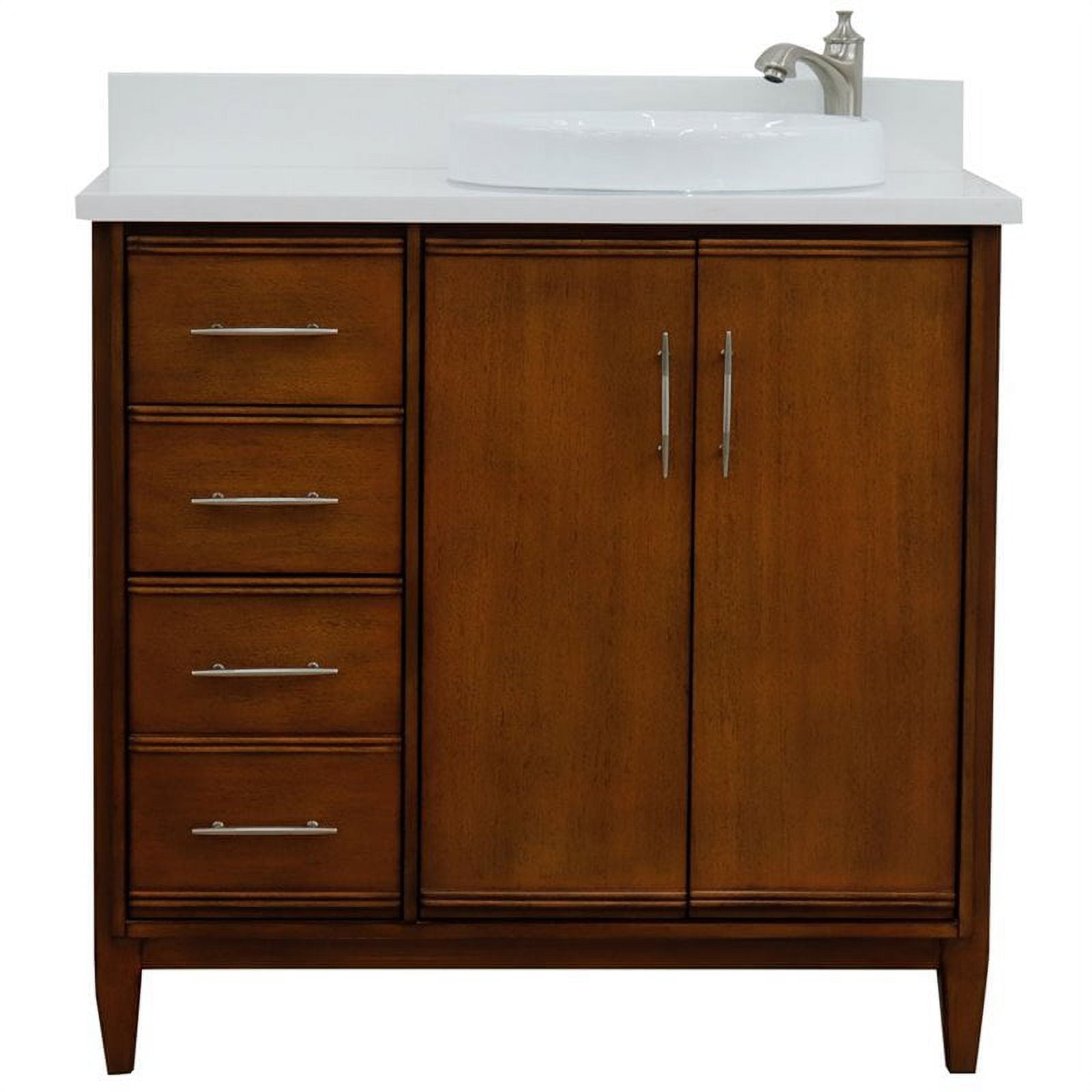 37 in. Single Round Sink Vanity with Quartz Top, Walnut & White - Right Door & Sink