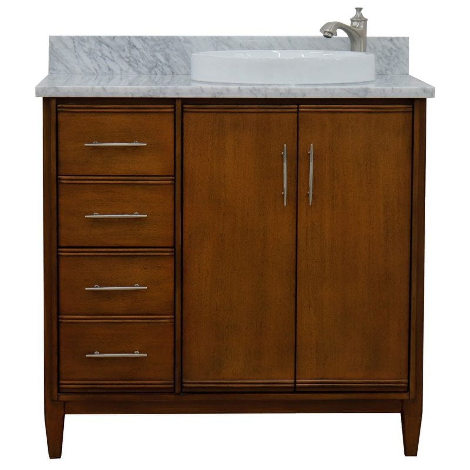 37 in. Single Round Sink Vanity with Carrara Marble Top, Walnut & White - Right Door & Sink