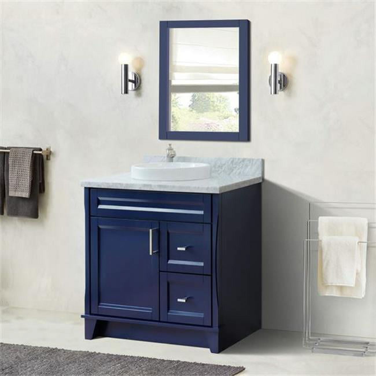37 in. Single Sink Vanity with Carrara Marble Top, Blue & White - Left Door & Round Center Sink