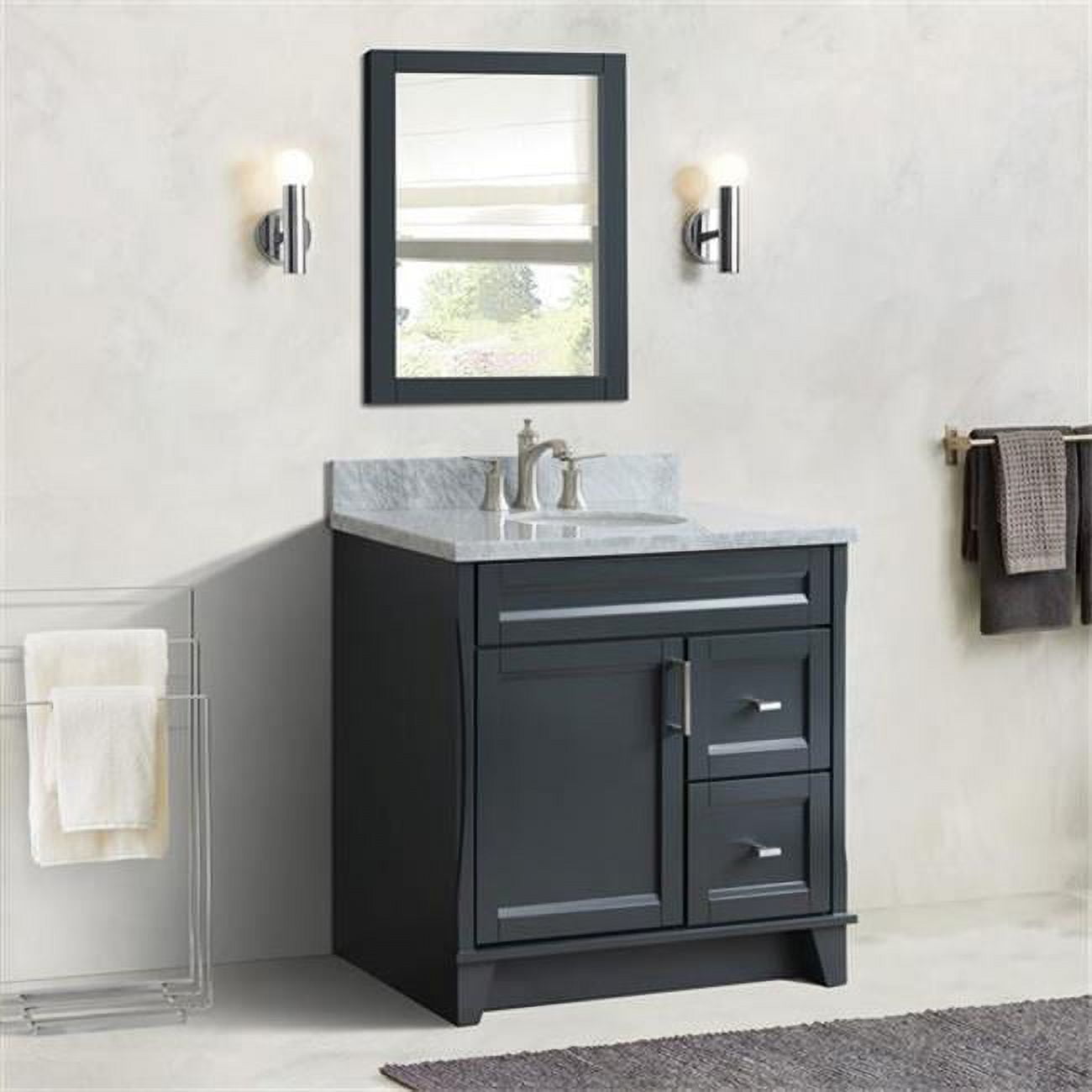 37 in. Single Sink Vanity with Carrara Marble Top, Dark Gray & White - Left Door & Center Sink