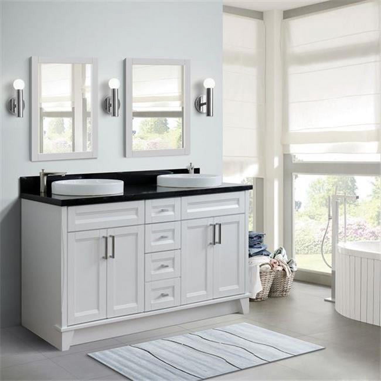 61 in. Double Round Sink Vanity with Galaxy Granite Top, White & Black