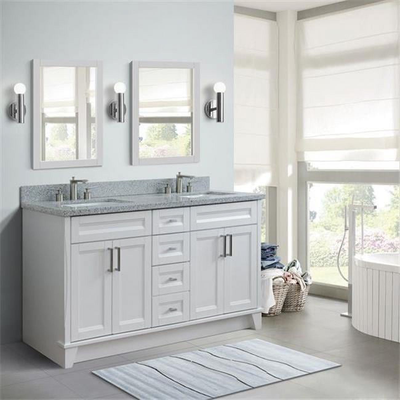 61 in. Double Rectangle Sink Vanity with Granite Top, White & Gray