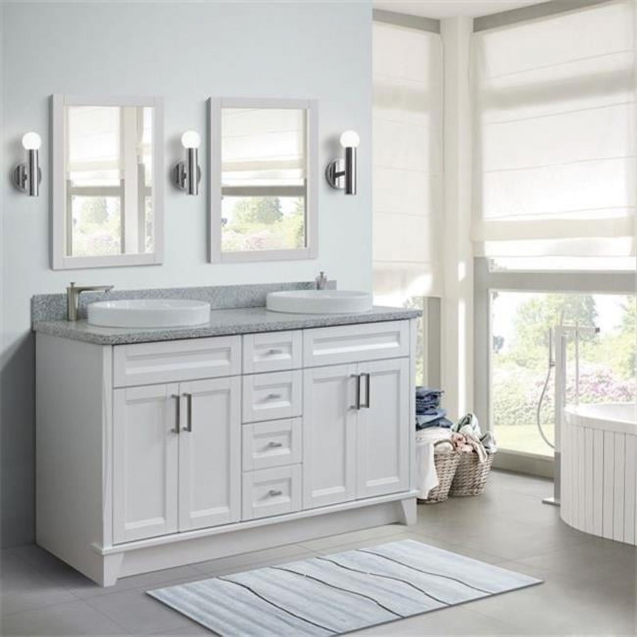 61 in. Double Round Sink Vanity with Granite Top, White & Gray