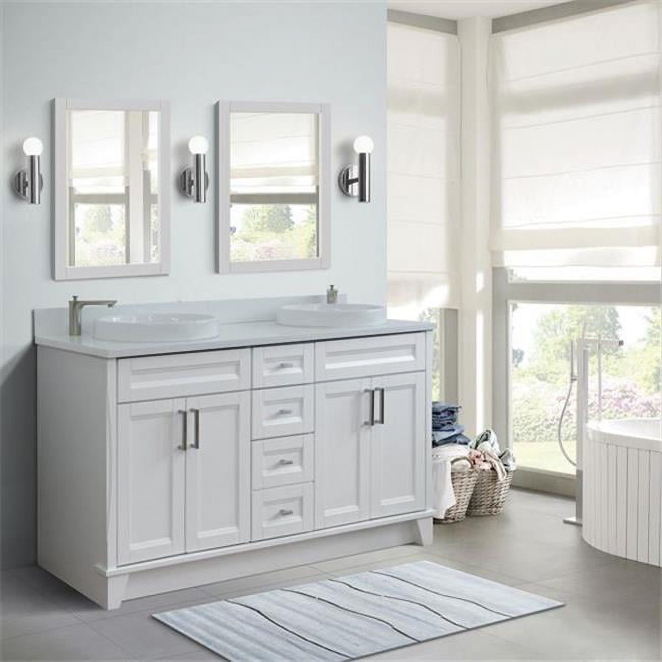 61 in. Double Round Sink Vanity with Quartz Top, White