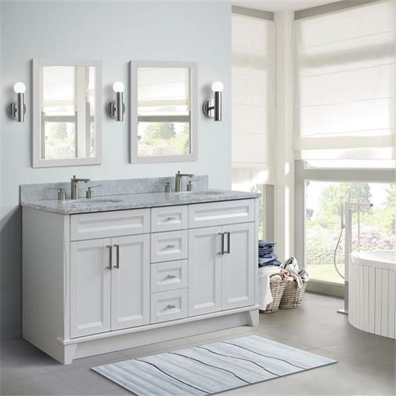 61 in. Double Oval Sink Vanity with Carrara Marble Top, White