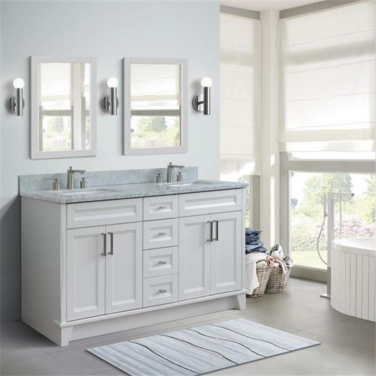 61 in. Double Rectangle Sink Vanity with Carrara Marble Top, White