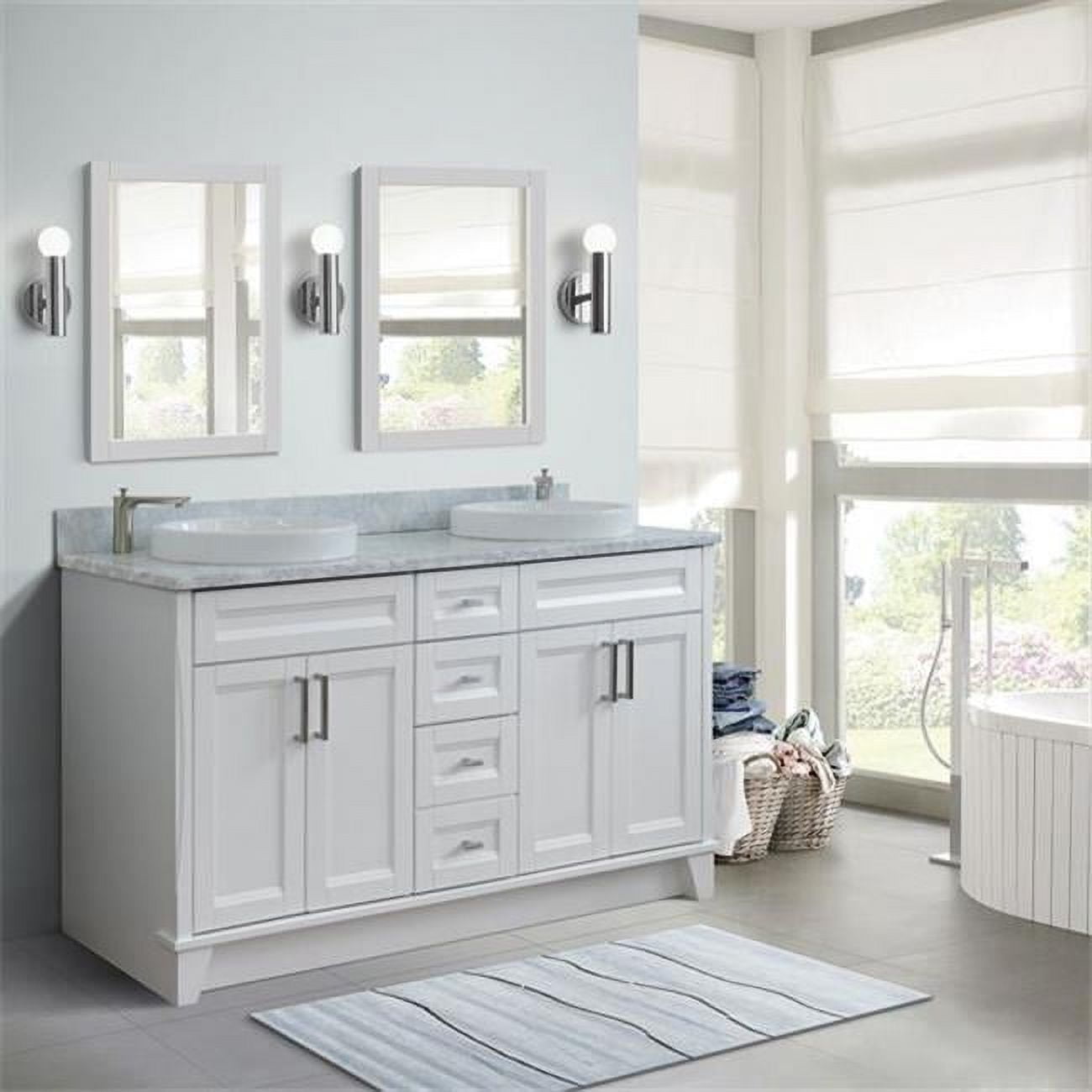 61 in. Double Round Sink Vanity with Carrara Marble Top, White