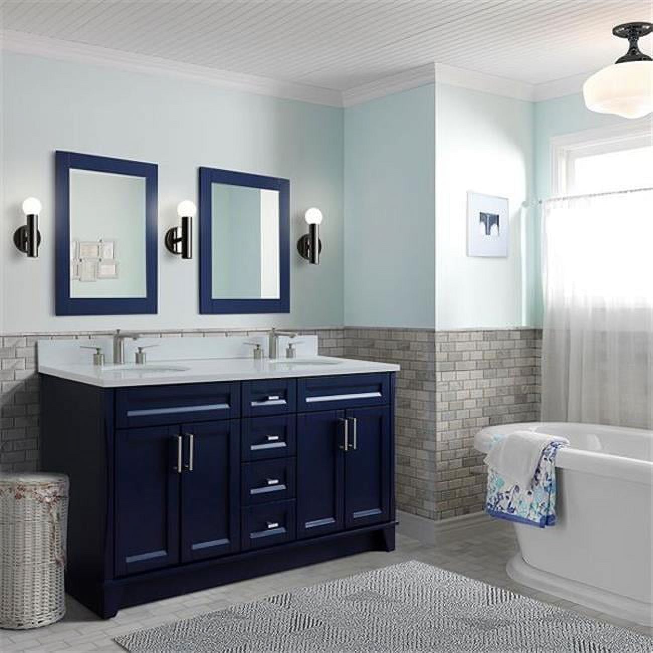 61 in. Double Oval Sink Vanity with Quartz Top, Blue & White