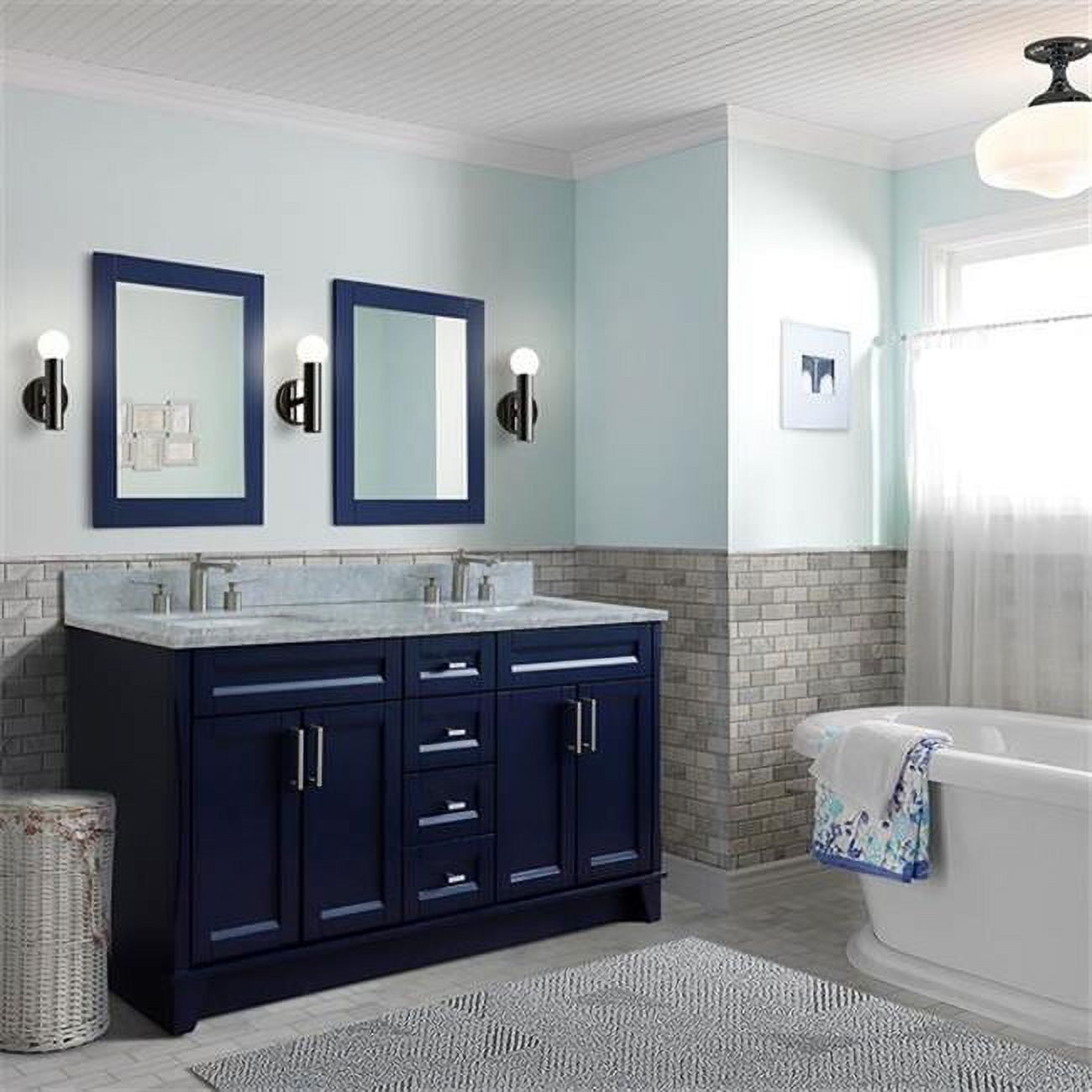 61 in. Double Rectangle Sink Vanity with Carrara Marble Top, Blue & White