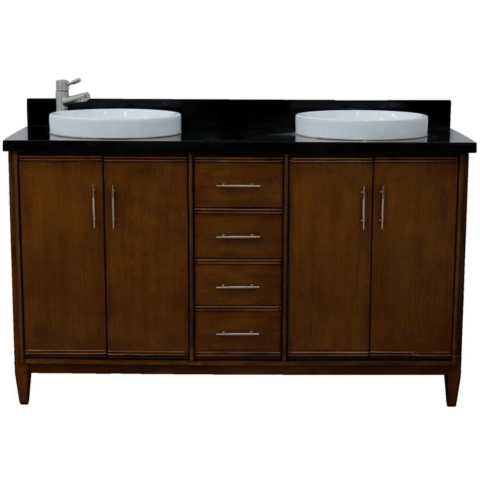 61 in. Double Round Sink Vanity with Galaxy Granite Top, Walnut & Black
