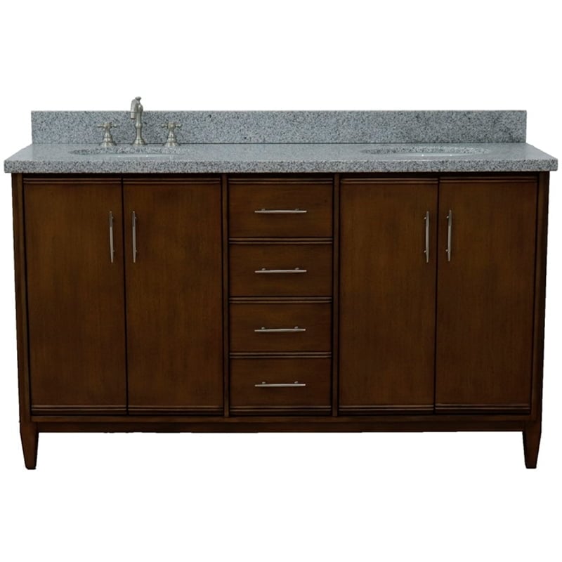 61 in. Double Oval Sink Vanity with Granite Top, Walnut & Gray