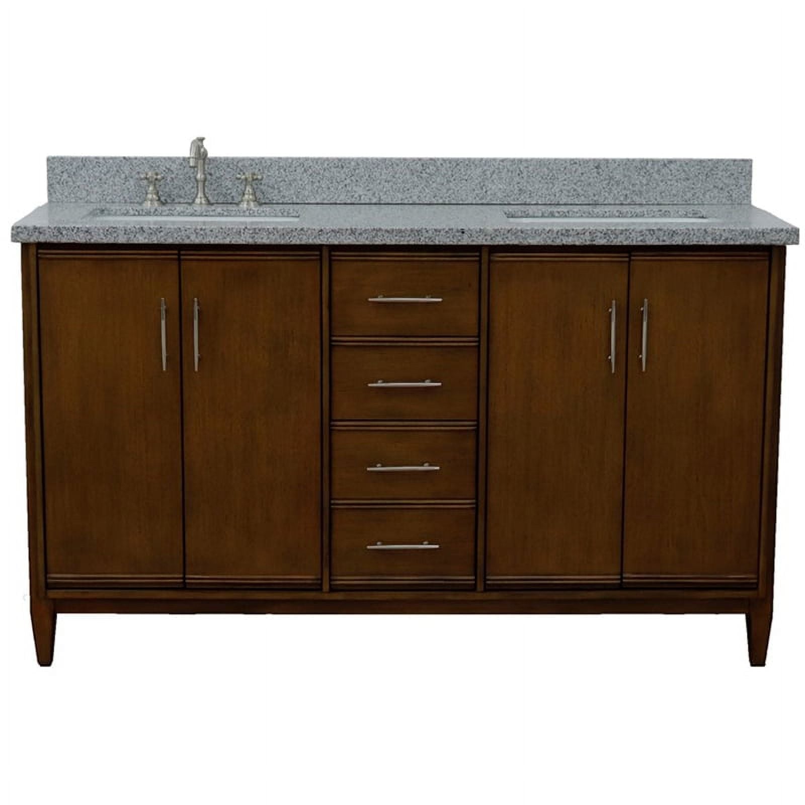 61 in. Double Rectangle Sink Vanity with Granite Top, Walnut & Gray