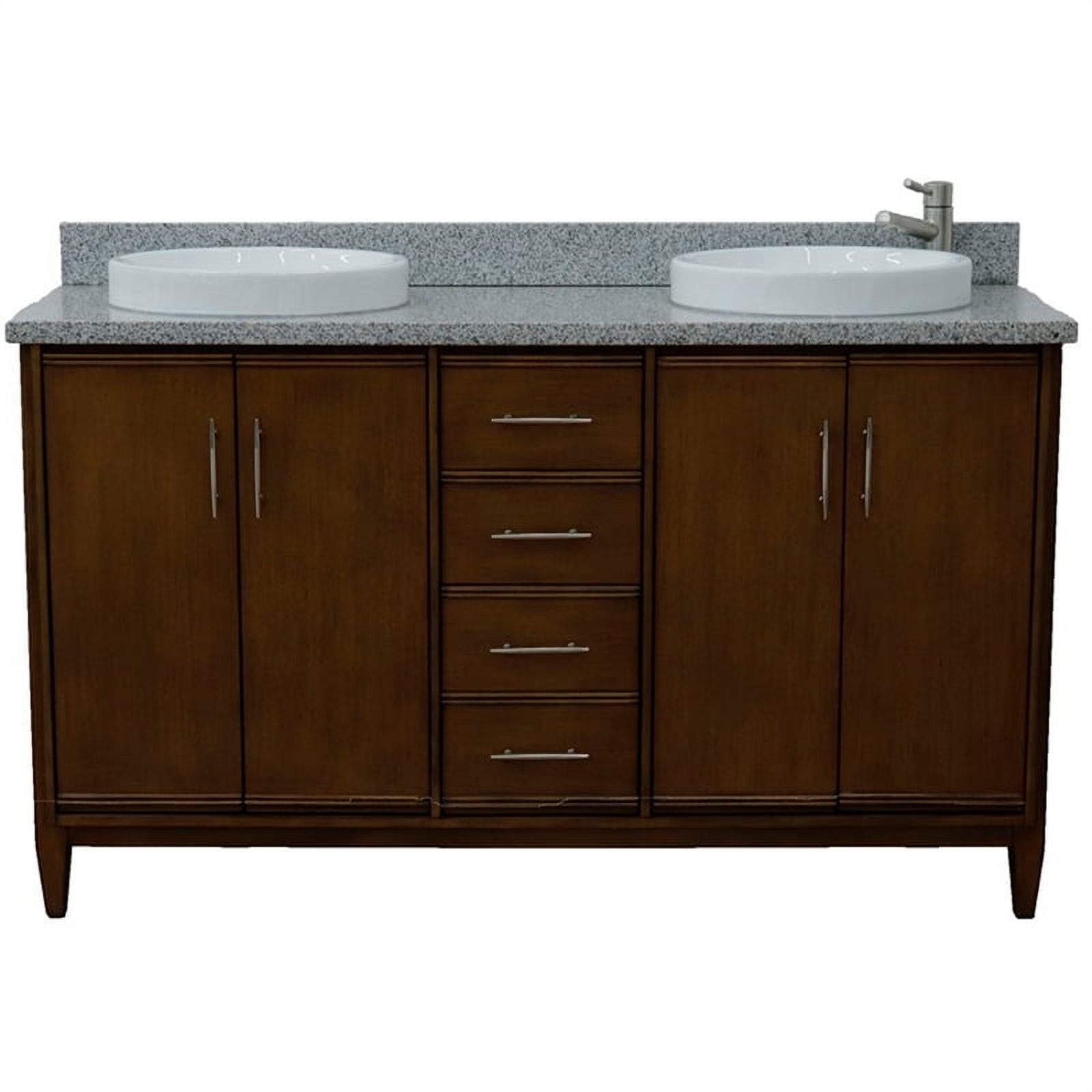 61 in. Double Round Sink Vanity with Granite Top, Walnut & Gray