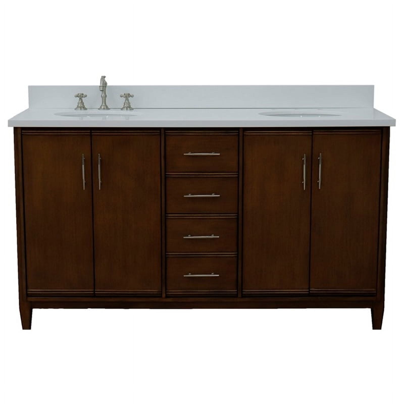 61 in. Double Oval Sink Vanity with Quartz Top, Walnut & White